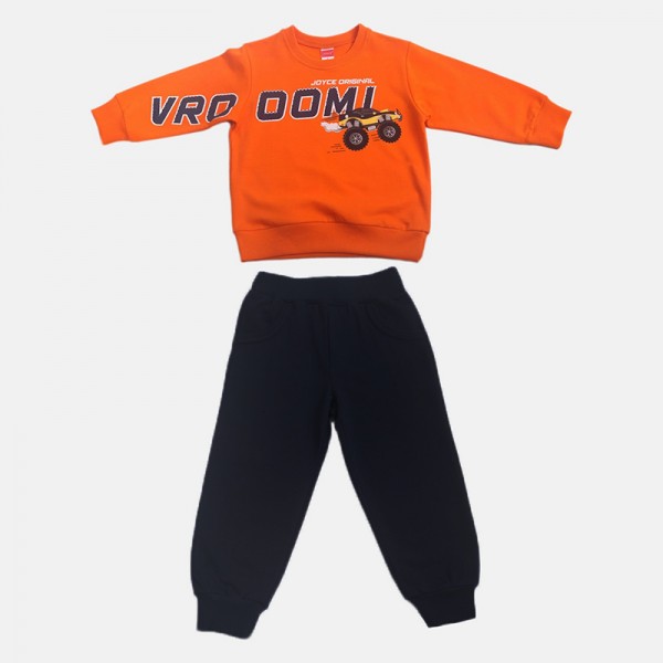 Σετ εποχιακό παντελόνι - μπλούζα μακρυμάνικη, με στάμπα και σχέδιο αυτοκινητάκι, πορτοκαλί - μπλε navy